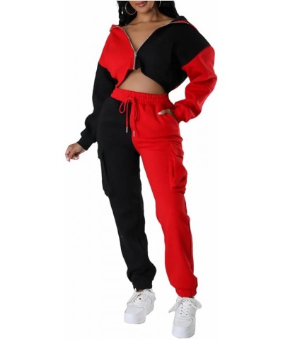 Women's Two Piece Tracksuits Hoodie Pactchwork Long Sleeve Sweatsuits Outfits Joggers Pants Set with Pockets Red $26.31 Activ...