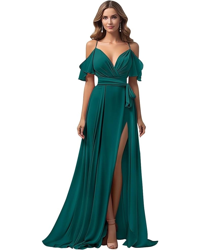 Chiffon Bridesmaid Dresses Off Shoulder Spaghetti Straps Slit Formal Evening Gown Teal $32.44 Dresses