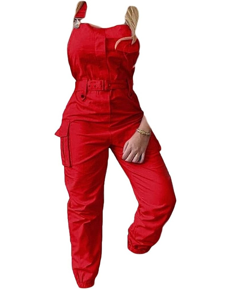 Women's Sleeveless Cargo Overalls Adjustable Straps Pockets Belted Jumpsuits Beam Foot Stretch Casual Fashion Bib Pants… Red ...