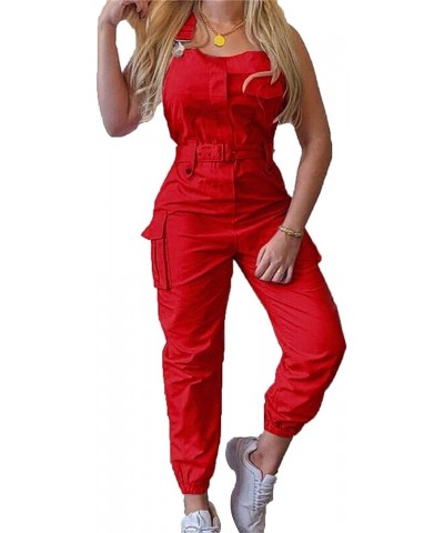 Women's Sleeveless Cargo Overalls Adjustable Straps Pockets Belted Jumpsuits Beam Foot Stretch Casual Fashion Bib Pants… Red ...