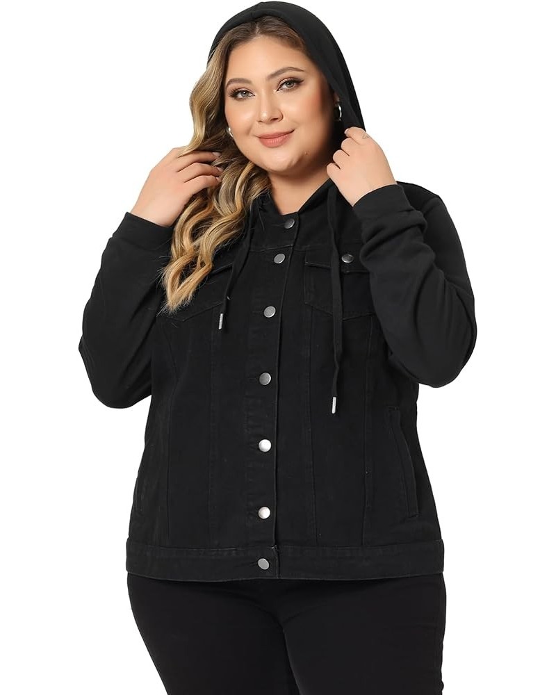 Women's Plus Size Layered Drawstring Hoodie Denim Jacket Jean Jackets with Pockets Dark Black $21.73 Jackets