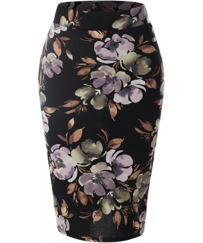 Women's Classic Bodycon Below Knee Office Slim Fit Stretch Midi Pencil Skirt F Flower Black/ Violet $9.43 Skirts