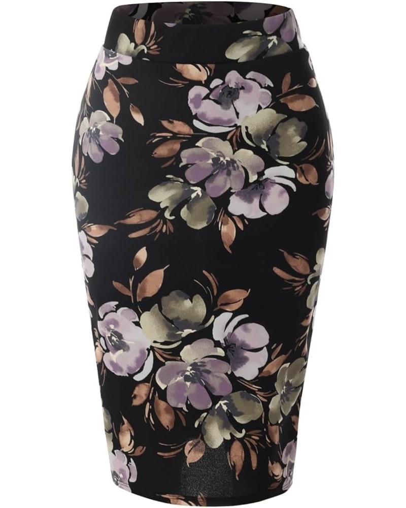 Women's Classic Bodycon Below Knee Office Slim Fit Stretch Midi Pencil Skirt F Flower Black/ Violet $9.43 Skirts