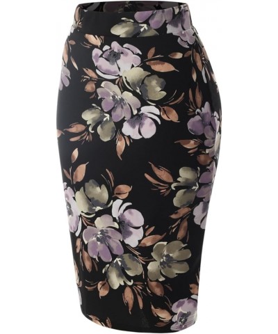 Women's Classic Bodycon Below Knee Office Slim Fit Stretch Midi Pencil Skirt F Flower Black/ Violet $9.43 Skirts