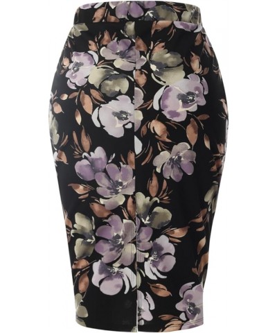 Women's Classic Bodycon Below Knee Office Slim Fit Stretch Midi Pencil Skirt F Flower Black/ Violet $9.43 Skirts