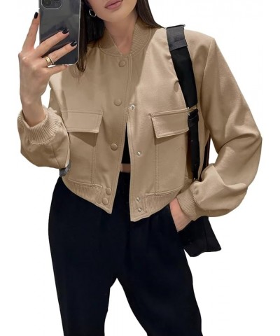 Women Cropped Bomber Jacket Casual Button Down Stand Collar Varsity Jacket with Big Pockets A-khaki $10.25 Jackets