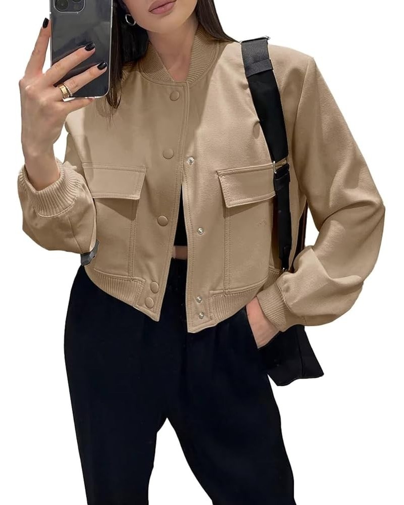 Women Cropped Bomber Jacket Casual Button Down Stand Collar Varsity Jacket with Big Pockets A-khaki $10.25 Jackets