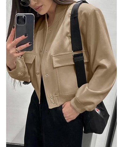 Women Cropped Bomber Jacket Casual Button Down Stand Collar Varsity Jacket with Big Pockets A-khaki $10.25 Jackets