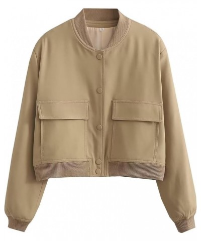 Women Cropped Bomber Jacket Casual Button Down Stand Collar Varsity Jacket with Big Pockets A-khaki $10.25 Jackets