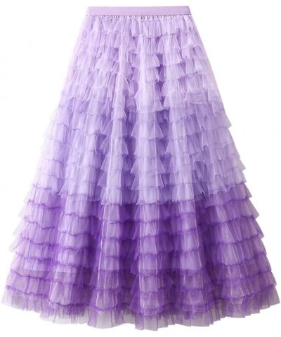 Womens Elastic High Waist Tutu Tulle Tiered Skirt Sweet Layered Ruffles Mesh Midi Fairy Skirts with Lined A-purple $17.06 Skirts