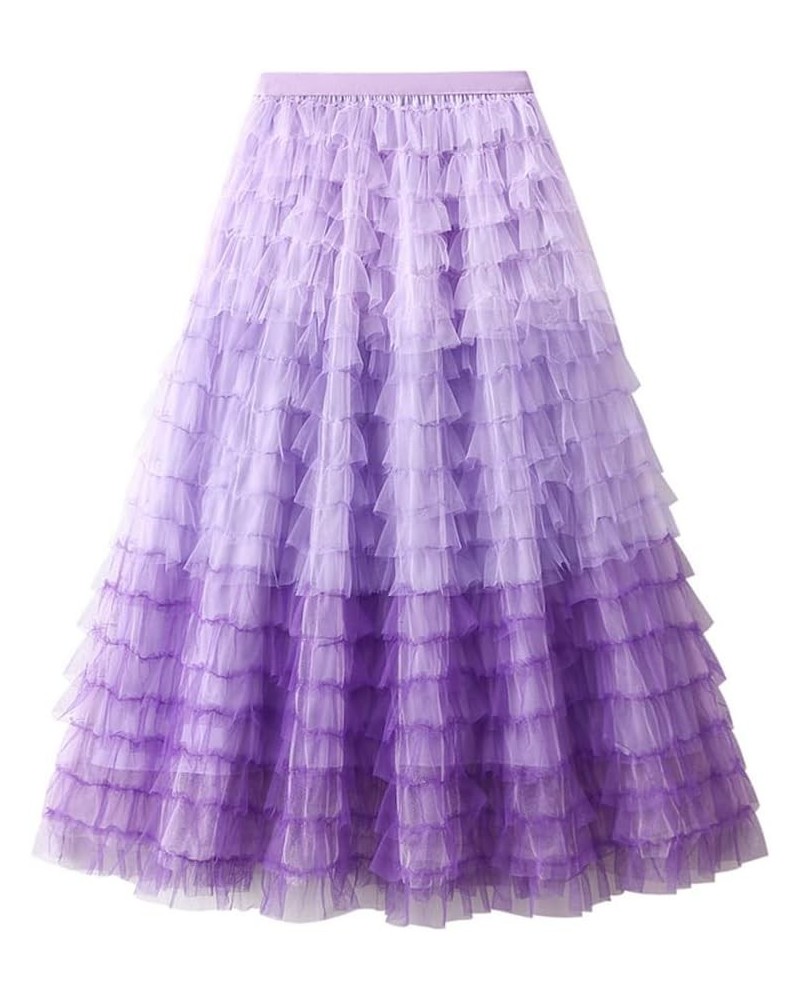 Womens Elastic High Waist Tutu Tulle Tiered Skirt Sweet Layered Ruffles Mesh Midi Fairy Skirts with Lined A-purple $17.06 Skirts