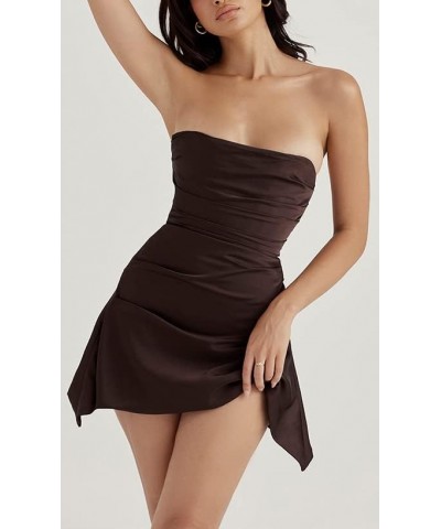 Women Satin Bodycon Strapless Corset Mini Tube Dress Ruched Sleeveless Sexy Cutout Off Shoulder Short Y2k Dresses Brown $15.7...