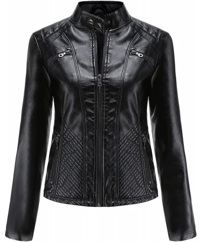 Women's Faux Leather Motorcycle Jacket PU Slim Short Biker Coat Fitted Slim Outwear with Zipper Pockets Black $17.67 Coats