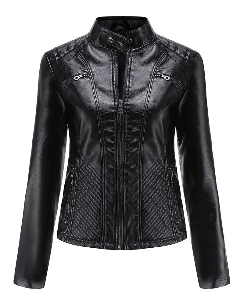 Women's Faux Leather Motorcycle Jacket PU Slim Short Biker Coat Fitted Slim Outwear with Zipper Pockets Black $17.67 Coats