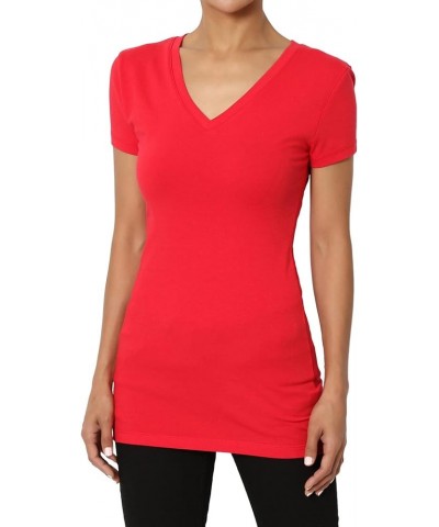 Women's Basic V Neck Short Sleeve T-Shirts Plain Stretch Cotton Spandex Top Tee Red $9.00 T-Shirts