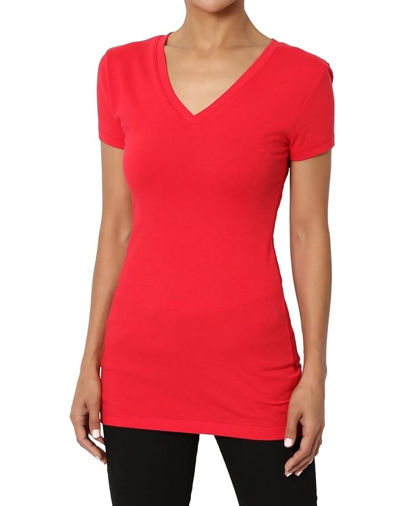 Women's Basic V Neck Short Sleeve T-Shirts Plain Stretch Cotton Spandex Top Tee Red $9.00 T-Shirts