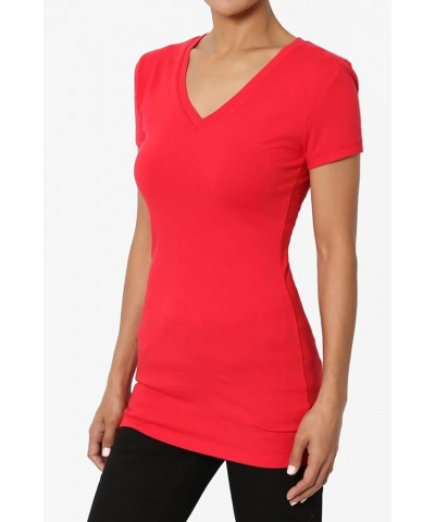 Women's Basic V Neck Short Sleeve T-Shirts Plain Stretch Cotton Spandex Top Tee Red $9.00 T-Shirts