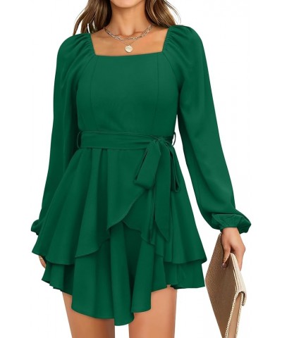 Womens Summer Tie Waist Dresses Square Neck Puff Sleeve Casual Dress 0001-green $22.00 Dresses