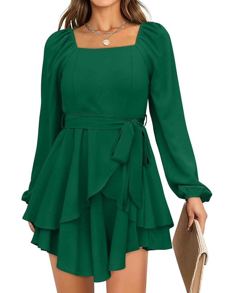 Womens Summer Tie Waist Dresses Square Neck Puff Sleeve Casual Dress 0001-green $22.00 Dresses