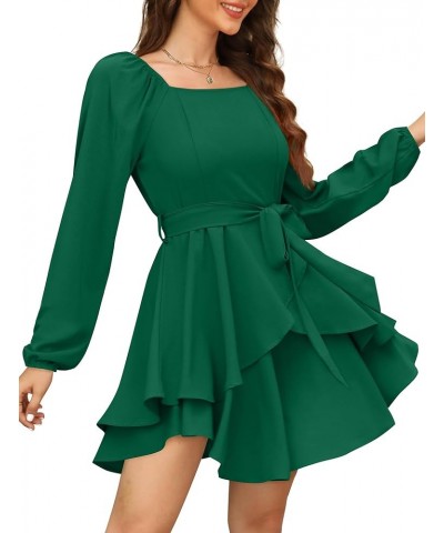 Womens Summer Tie Waist Dresses Square Neck Puff Sleeve Casual Dress 0001-green $22.00 Dresses