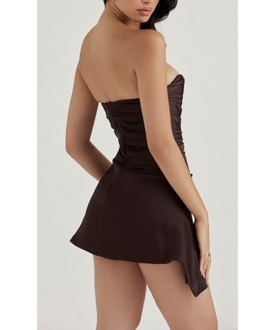 Women Satin Bodycon Strapless Corset Mini Tube Dress Ruched Sleeveless Sexy Cutout Off Shoulder Short Y2k Dresses Brown $15.7...