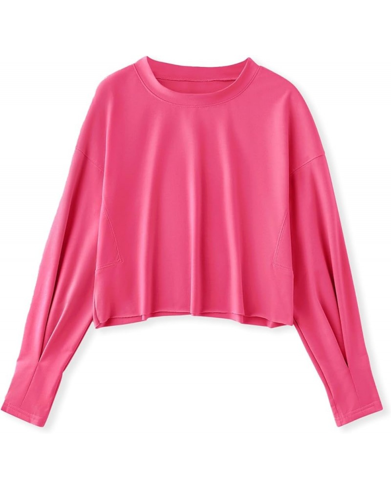 Women's Raw-cut Hem Lightweight Tops Trendy Crop Sweatshirts Casual Crewneck Shirts Rose Red $10.39 Hoodies & Sweatshirts