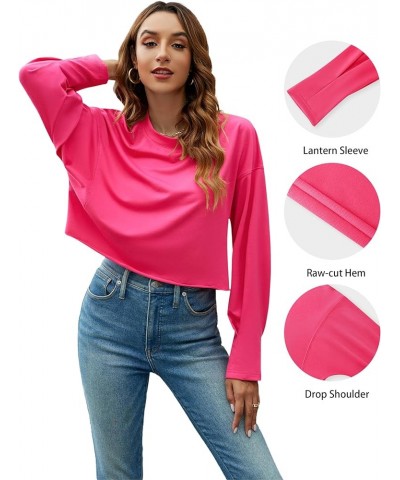 Women's Raw-cut Hem Lightweight Tops Trendy Crop Sweatshirts Casual Crewneck Shirts Rose Red $10.39 Hoodies & Sweatshirts