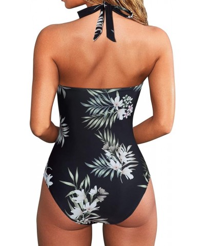 Women Sexy Tummy Control One Piece Swimsuits Halter Push Up Bathing Suits 1 Black Floral $21.05 Swimsuits