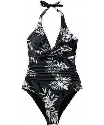 Women Sexy Tummy Control One Piece Swimsuits Halter Push Up Bathing Suits 1 Black Floral $21.05 Swimsuits