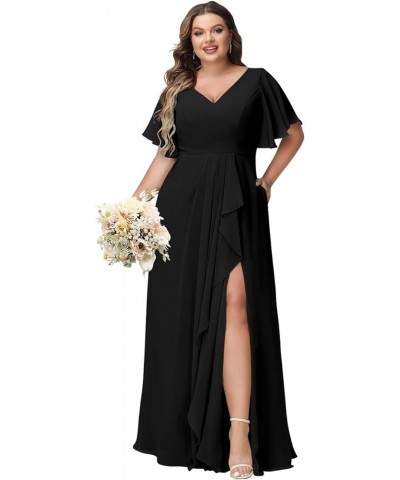 Women Short Sleeves Bridesmaid Dresses Plus Size 2024 with Slit Chiffon V Neck Long Formal Party Dress with Pocket DE52 Black...