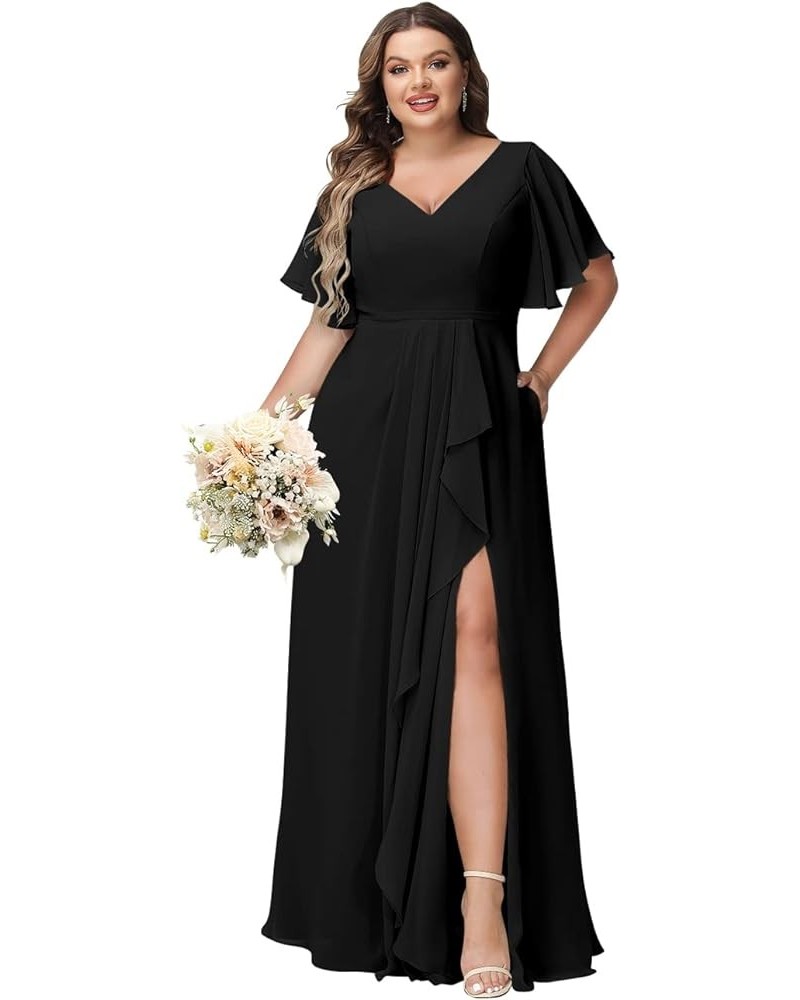 Women Short Sleeves Bridesmaid Dresses Plus Size 2024 with Slit Chiffon V Neck Long Formal Party Dress with Pocket DE52 Black...