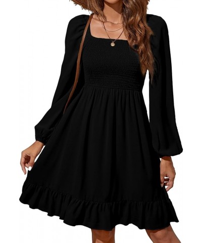 Women's Shirred Ruffle Hem Long Sleeve Solid Boho A Line Midi Dress Black Solid $12.25 Dresses