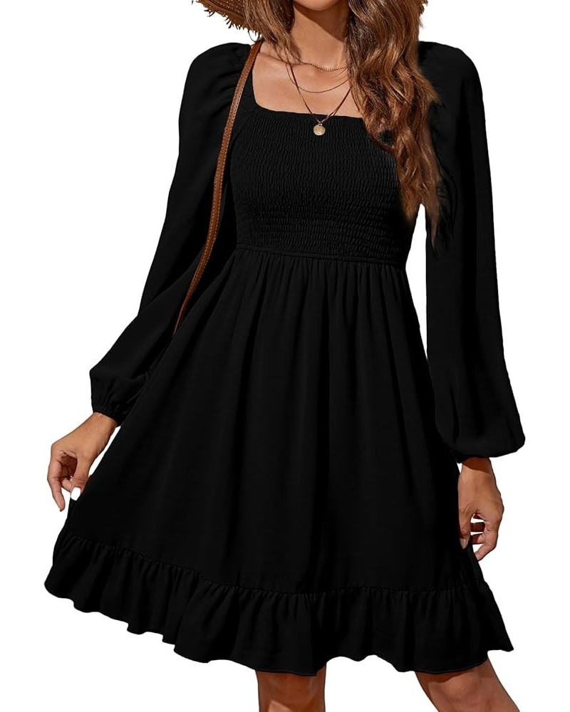 Women's Shirred Ruffle Hem Long Sleeve Solid Boho A Line Midi Dress Black Solid $12.25 Dresses