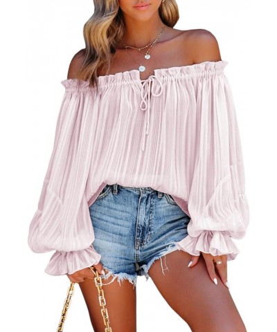 Women's Sexy Striped Off Shoulder Ruffle Drawstring Long Sleeve Blouses Casual Chiffon Shirt Top A Pink $20.64 Blouses