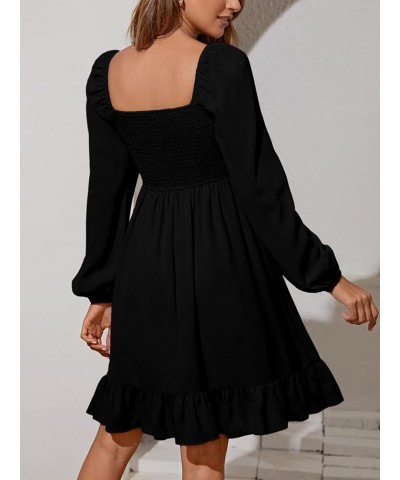 Women's Shirred Ruffle Hem Long Sleeve Solid Boho A Line Midi Dress Black Solid $12.25 Dresses