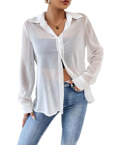 Women's Mesh Sheer Long Sleeve Shirt Lightweight Button Down Blouse Top White $14.49 Blouses