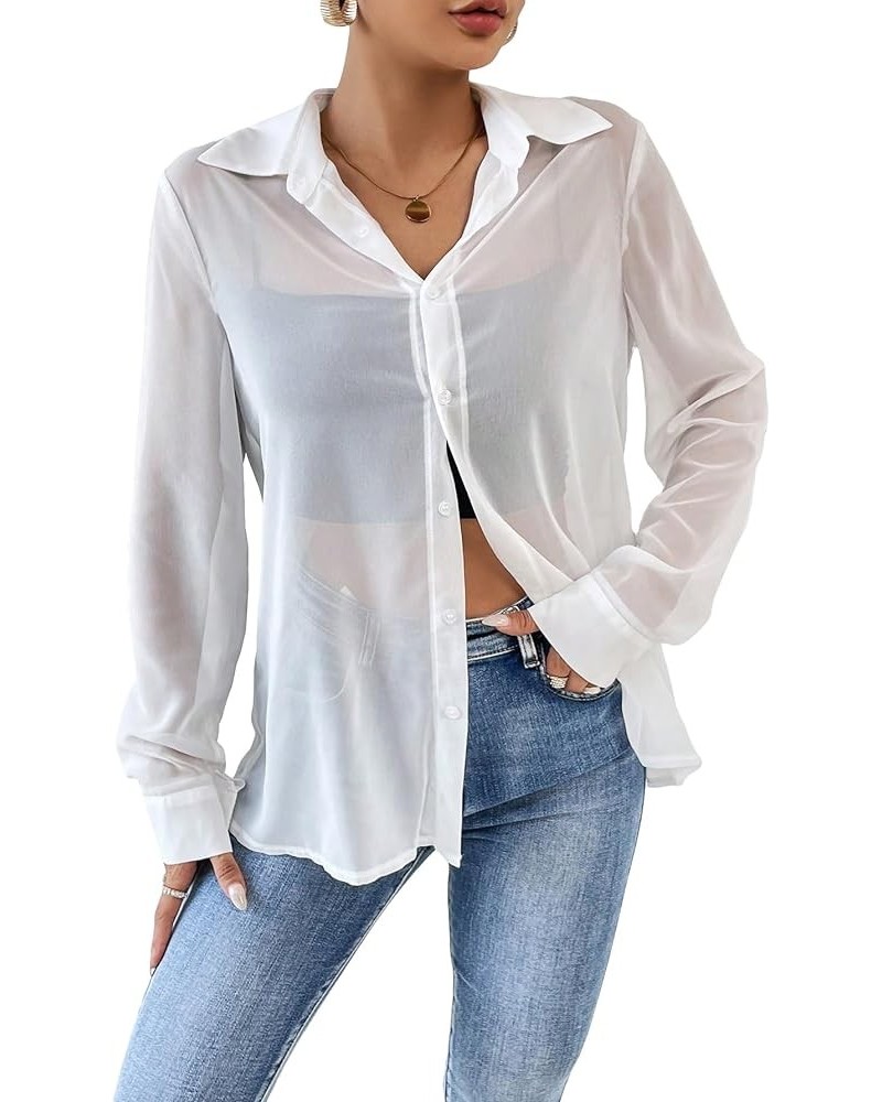 Women's Mesh Sheer Long Sleeve Shirt Lightweight Button Down Blouse Top White $14.49 Blouses