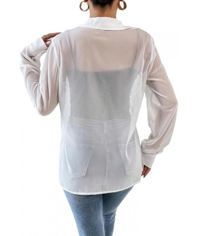 Women's Mesh Sheer Long Sleeve Shirt Lightweight Button Down Blouse Top White $14.49 Blouses