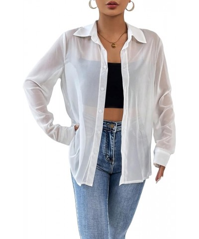 Women's Mesh Sheer Long Sleeve Shirt Lightweight Button Down Blouse Top White $14.49 Blouses