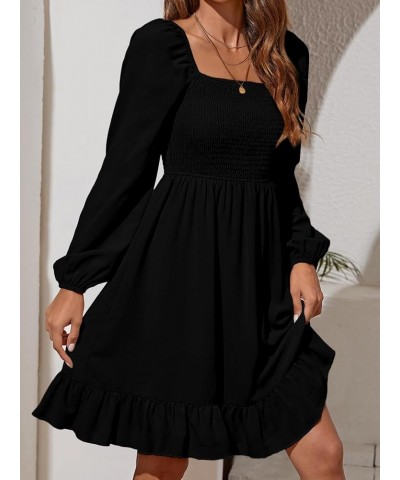 Women's Shirred Ruffle Hem Long Sleeve Solid Boho A Line Midi Dress Black Solid $12.25 Dresses