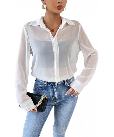 Women's Mesh Sheer Long Sleeve Shirt Lightweight Button Down Blouse Top White $14.49 Blouses