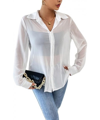 Women's Mesh Sheer Long Sleeve Shirt Lightweight Button Down Blouse Top White $14.49 Blouses