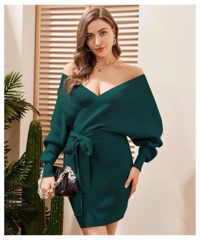 Womens Sweater Dress V Neck Batwing Long Sleeve Wrap Knitted Backless Sexy Bodycon Pullover Dress Green $9.53 Sweaters