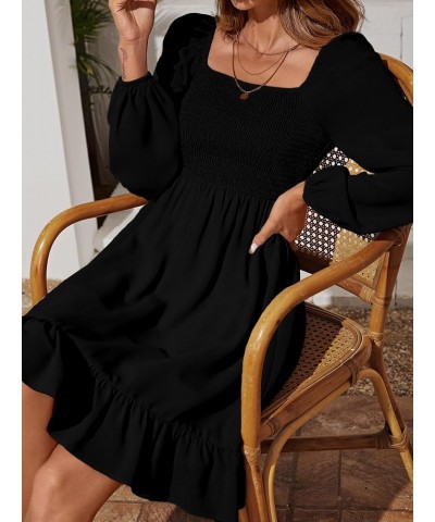 Women's Shirred Ruffle Hem Long Sleeve Solid Boho A Line Midi Dress Black Solid $12.25 Dresses