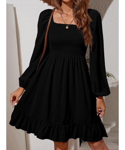 Women's Shirred Ruffle Hem Long Sleeve Solid Boho A Line Midi Dress Black Solid $12.25 Dresses