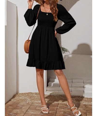 Women's Shirred Ruffle Hem Long Sleeve Solid Boho A Line Midi Dress Black Solid $12.25 Dresses