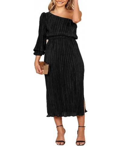 Ladies Polyester Dress Solid Color Split Waist Strapless Long Sleeves High Waist Evening Gown Black $33.39 Dresses