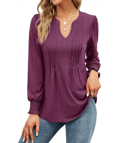 Womens V Neck Puff Short Sleeve Pleated T Shirts Fashion Summer Tops Casual Tunic Blouse Long Sleeve- Fuchsia $14.24 Tops