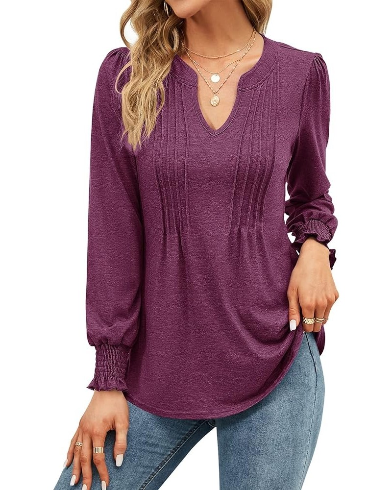 Womens V Neck Puff Short Sleeve Pleated T Shirts Fashion Summer Tops Casual Tunic Blouse Long Sleeve- Fuchsia $14.24 Tops