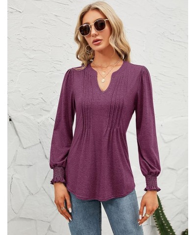 Womens V Neck Puff Short Sleeve Pleated T Shirts Fashion Summer Tops Casual Tunic Blouse Long Sleeve- Fuchsia $14.24 Tops